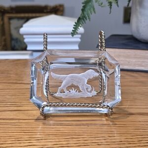Vintage Art Deco Crystal Intaglio Hunting Dog Small Ashtray Trinket Dish